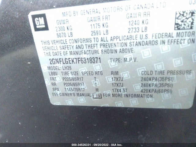 Chevrolet EQUINOX LT 2015 2GNFLGEK7F6318371 Image 10