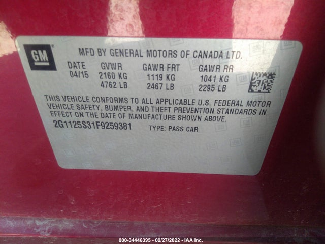 2015 Chevrolet Impala, VIN: 2G1125S31F9259381