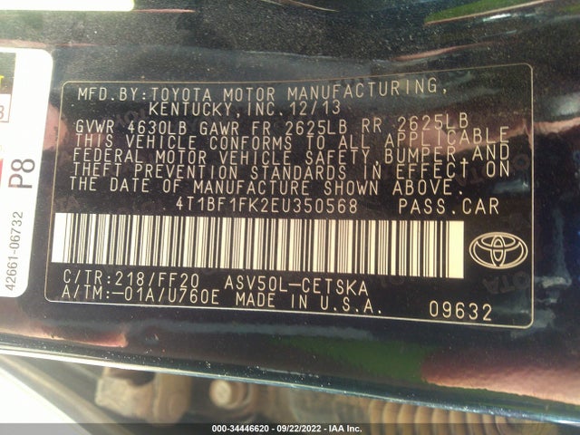 2014 TOYOTA CAMRY L/LE/XLE/SE/SE SPORT VIN: 4T1BF1FK2EU350568