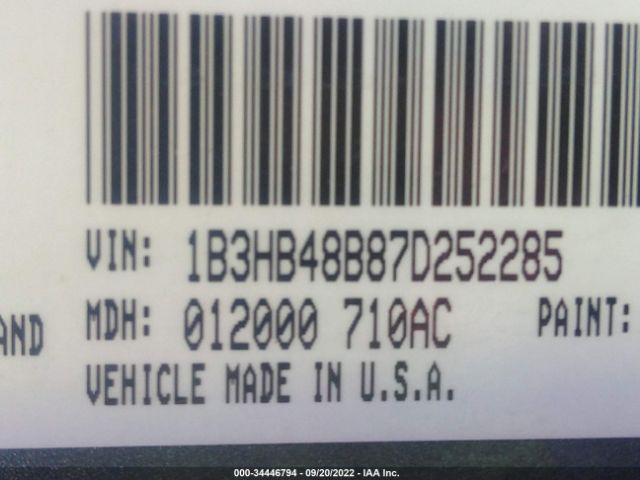 2007 DODGE CALIBER SXT VIN: 1B3HB48B87D252285