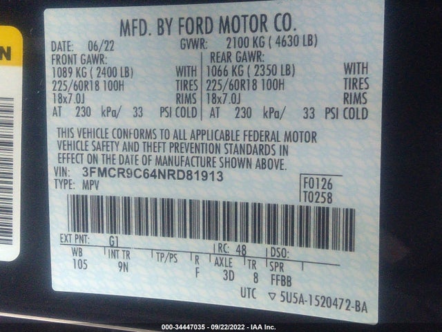 2022 Ford Bronco, VIN: 3FMCR9C64NRD81913