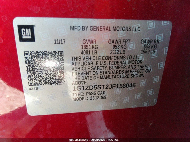 2018 Chevrolet Malibu, VIN: 1G1ZD5ST2JF156046