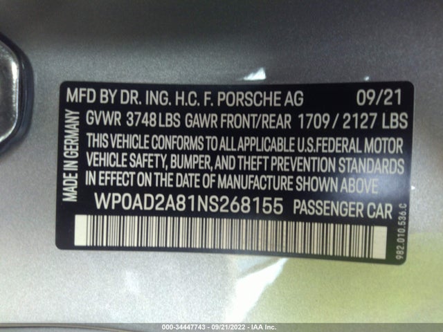 2022 Porsche 718, VIN: WP0AD2A81NS268155