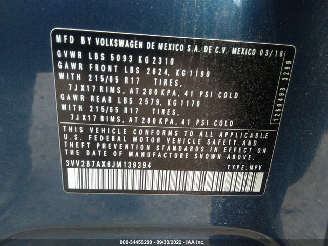 2018 Volkswagen Tiguan, VIN: 3VV2B7AX6JM139394