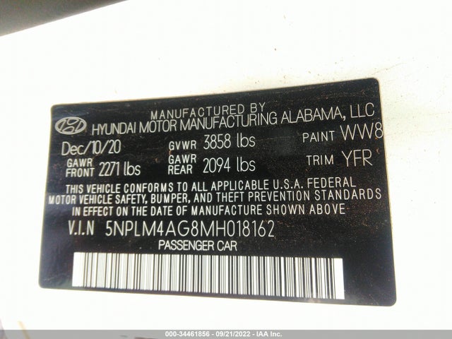 2021 HYUNDAI ELANTRA SEL VIN: 5NPLM4AG8MH018162