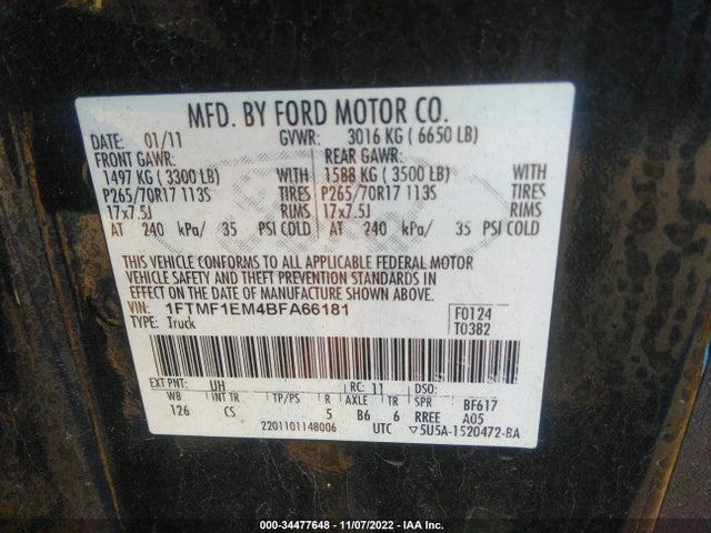 2011 FORD F-150 XL/STX/XLT VIN: 1FTMF1EM4BFA66181