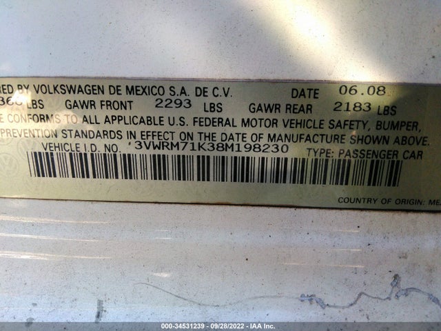 3VWRM71K38M198230 Volkswagen Jetta Sedan Se/sel