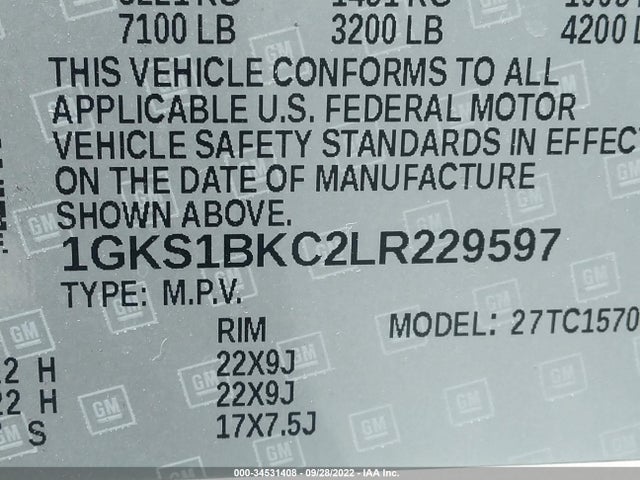 2020 GMC Yukon, VIN: 1GKS1BKC2LR229597
