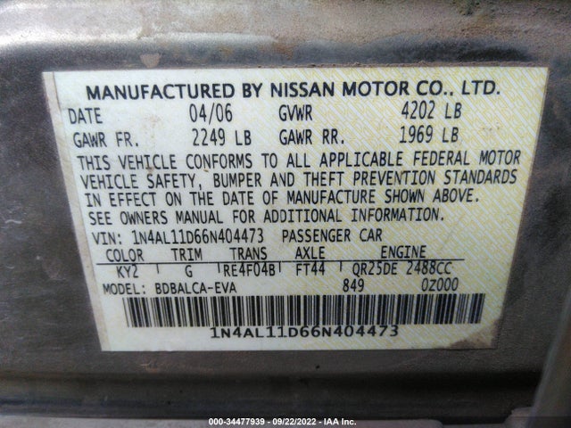 2006 NISSAN ALTIMA 2.5 VIN: 1N4AL11D66N404473