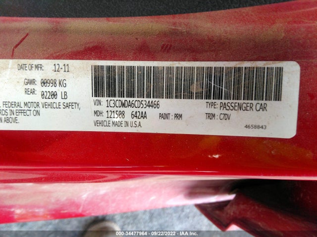Dodge Caliber Sxt 2012 1C3CDWDA6CD534466 Image 10