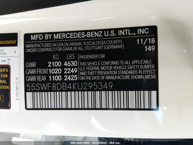 2019 Mercedes-Benz C-Class, VIN: 55SWF8DB4KU295349