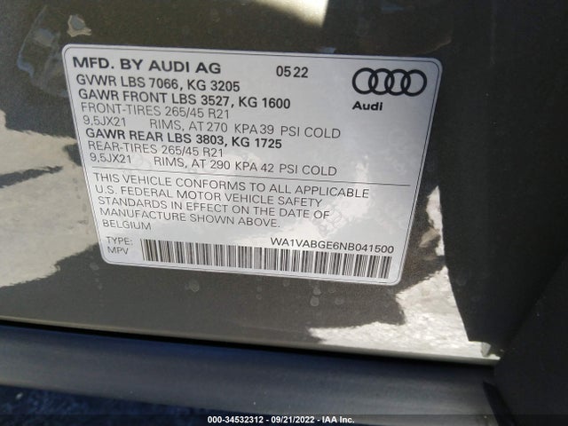 2022 Audi e-tron, VIN: WA1VABGE6NB041500