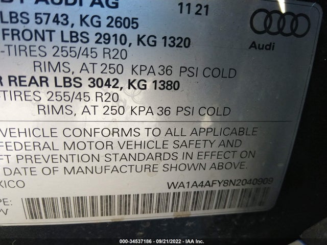 2022 Audi SQ5, VIN: WA1A4AFY8N2040909