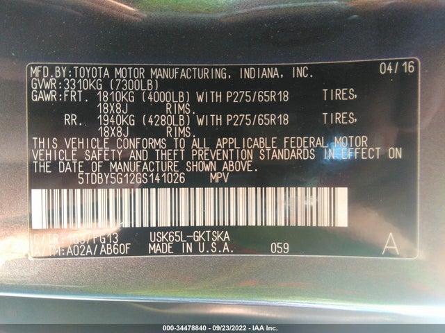 2016 Toyota Sequoia, VIN: 5TDBY5G12GS141026