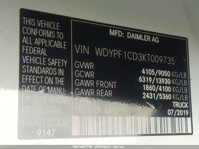 2019 Freightliner Sprinter, VIN: WDYPF1CD3KT009735
