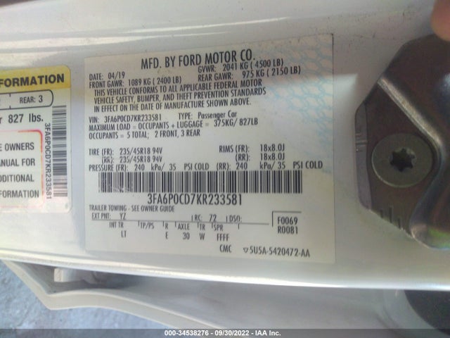 Продаж на аукціоні авто 2019 Ford Fusion Sel, vin: 3FA6P0CD7KR233581, номер лоту: 34538276