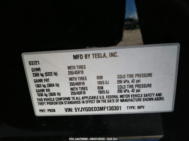 2021 TESLA MODEL Y STANDARD RANGE VIN: 5YJYGDED3MF130301