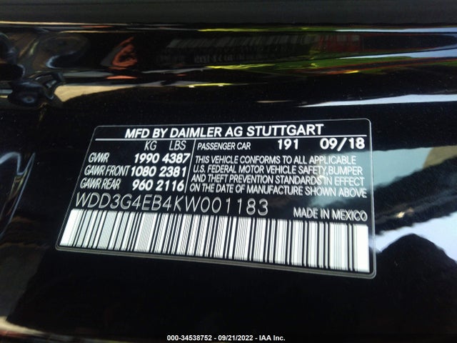 2019 Mercedes-Benz A-Class, VIN: WDD3G4EB4KW001183