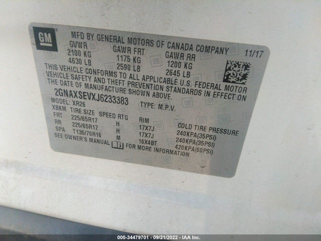 2018 Chevrolet Equinox, VIN: 2GNAXSEVXJ6233383