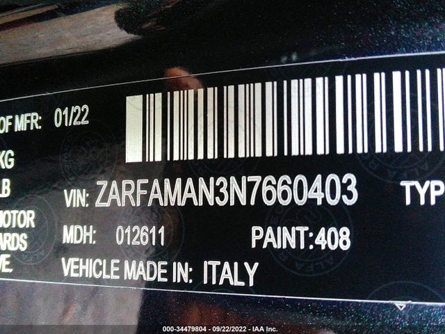 2022 Alfa Romeo Giulia, VIN: ZARFAMAN3N7660403