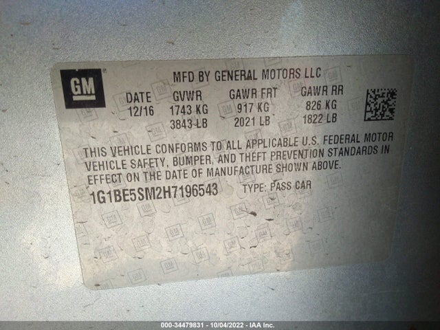 Chevrolet CRUZE LT 2017 1G1BE5SM2H7196543 Image 9