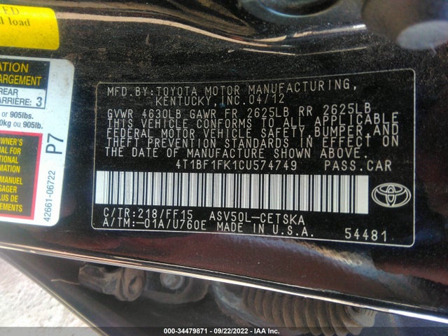 2012 TOYOTA CAMRY L/LE/SE/XLE VIN: 4T1BF1FK1CU574749