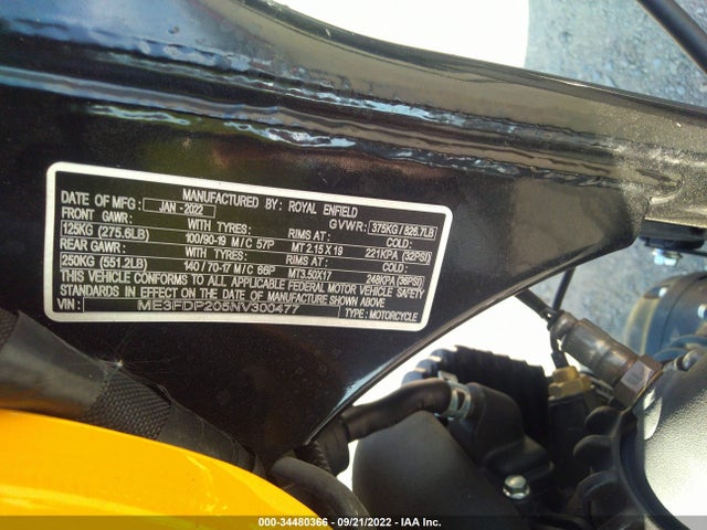 2022 ROYAL ENFIELD MOTORS METEOR 350 VIN: ME3FDP205NV300477