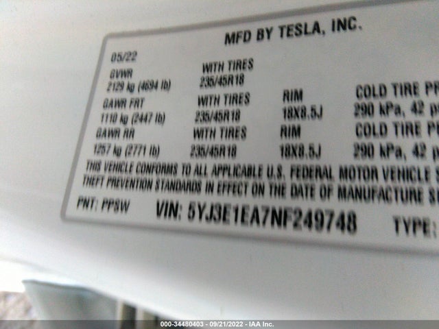 Tesla MODEL 3 2022 5YJ3E1EA7NF249748 Image 9