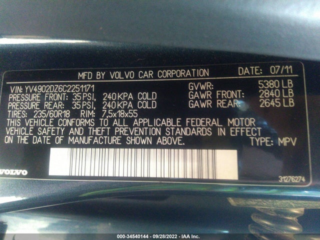 Volvo XC60 2012 YV4902DZ6C2251171 Image 9