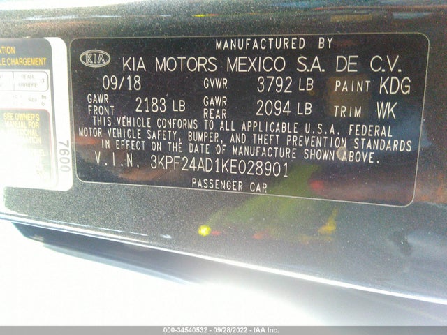 2019 KIA FORTE FE VIN: 3KPF24AD1KE028901