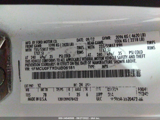 2013 FORD ESCAPE S VIN: 1FMCU0F7XDUB06181