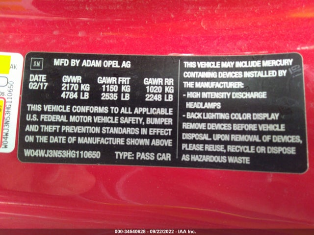 2017 Buick Cascada, VIN: W04WJ3N53HG110650
