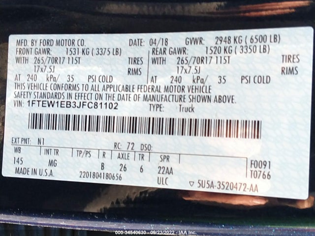 2018 FORD F-150 XL/XLT VIN: 1FTEW1EB3JFC81102