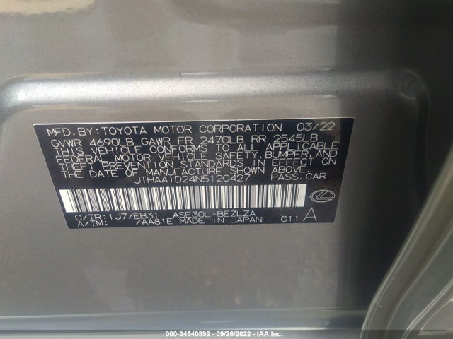 2022 Lexus IS, VIN: JTHAA1D24N5120427