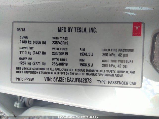 Tesla MODEL 3 2018 5YJ3E1EA2JF042873 Image 9