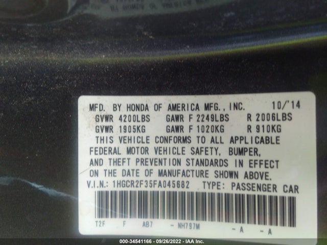 2015 HONDA ACCORD SEDAN LX VIN: 1HGCR2F35FA045682
