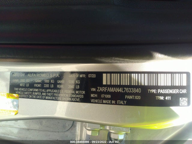 2020 Alfa Romeo Giulia, VIN: ZARFAMAN4L7633840