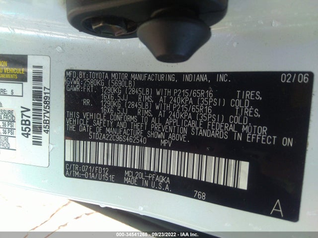 2006 TOYOTA SIENNA XLE VIN: 5TDZA22C96S462540