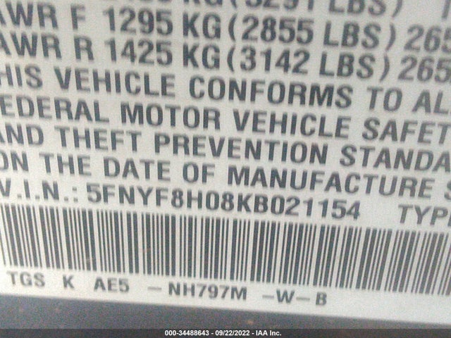 2019 Honda Passport, VIN: 5FNYF8H08KB021154