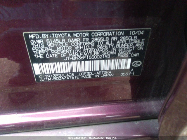 2005 LEXUS LS 430 VIN: JTHBN36F155002193