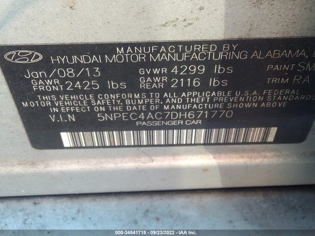 2013 HYUNDAI SONATA LIMITED VIN: 5NPEC4AC7DH671770