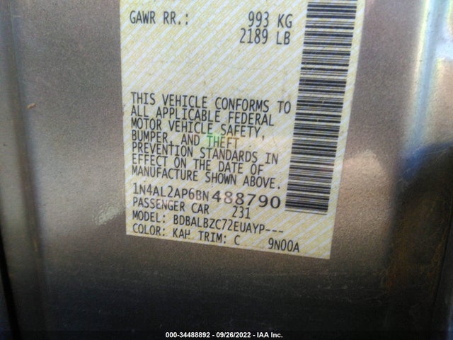 2011 NISSAN ALTIMA 2.5 S VIN: 1N4AL2AP6BN488790