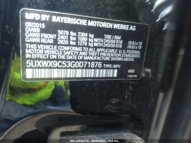 BMW X3 2016 5UXWX9C53G0D71876 Image 9