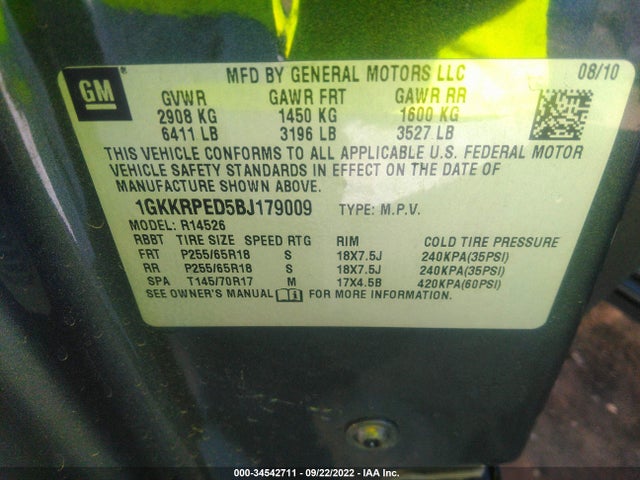 GMC ACADIA SLE 2011 1GKKRPED5BJ179009 Image 10
