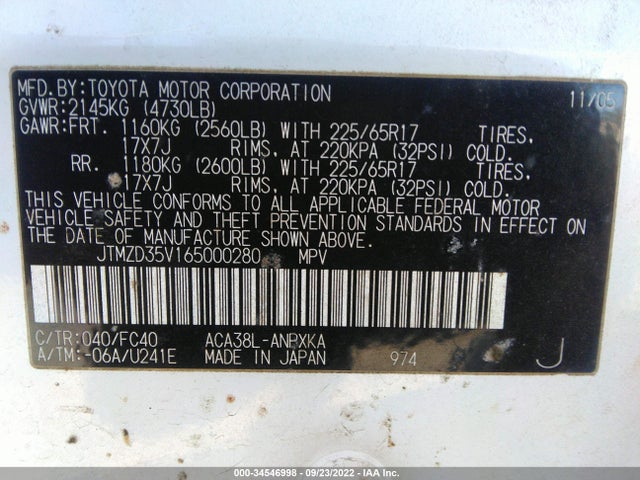 2006 TOYOTA RAV4 BASE VIN: JTMZD35V165000280