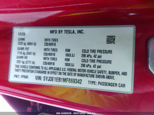 Tesla Model 3 Long Range 2021 5YJ3E1EB1MF869342 Image 9