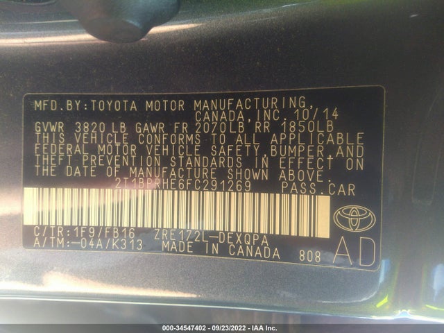 2015 TOYOTA COROLLA LE ECO VIN: 2T1BPRHE6FC291269