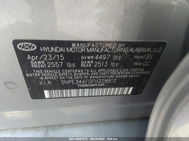 2015 HYUNDAI SONATA 2.4L SPORT VIN: 5NPE34AF0FH228812