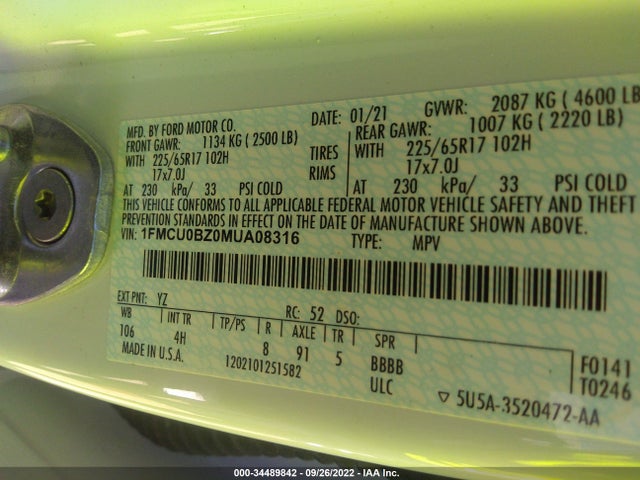 2021 Ford Escape, VIN: 1FMCU0BZ0MUA08316
