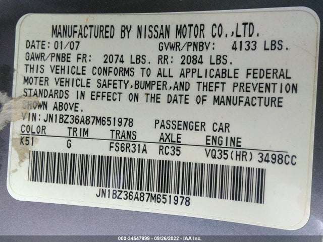 2007 NISSAN 350Z TOURING VIN: JN1BZ36A87M651978